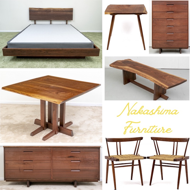 Examples of George Nakashima furniture ranging from a walnut dining table and a pair of grass-seated chairs to fre-edge table, a queen sized bed and MCM walnut chest of drawers. 